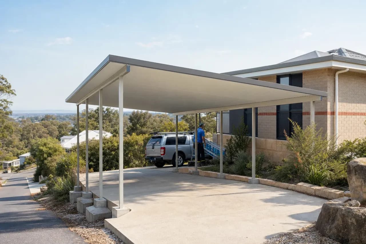 Colorbond skillion carport built over a sloping driveway on a Perth hills block