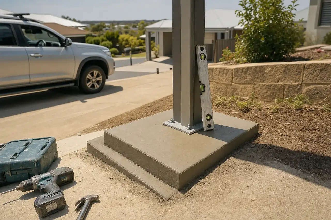 Carport post on a stepped concrete footing pad poured level on a sloping Perth driveway