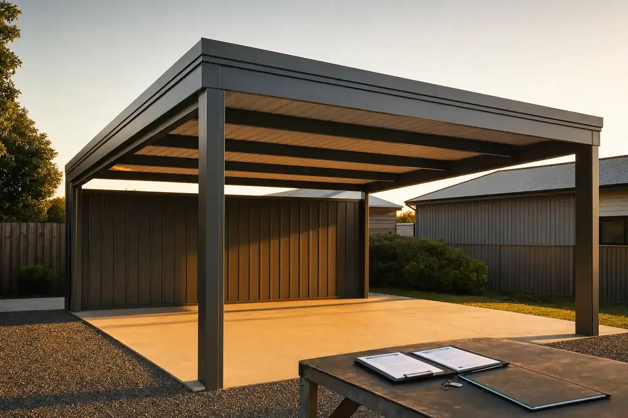 Professionally completed Colorbond carport at handover stage with engineering and warranty documents on a foreground table