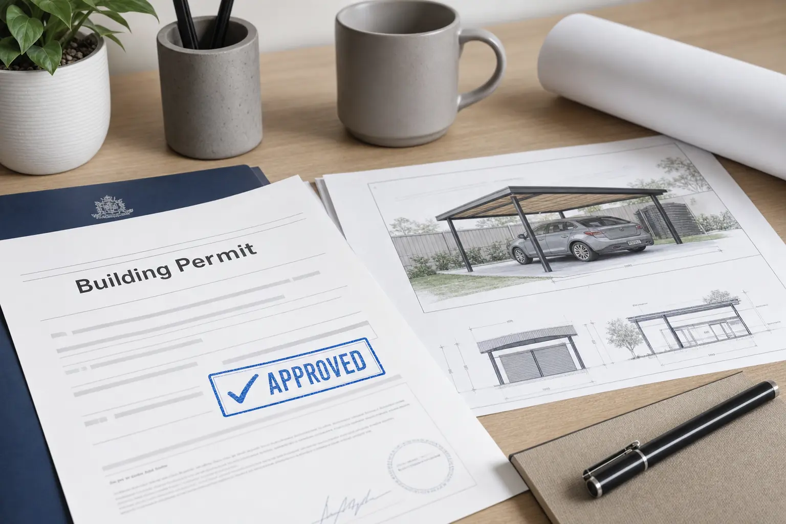Building Permit application paperwork with carport architectural drawings and engineering documents laid out on a clean desk