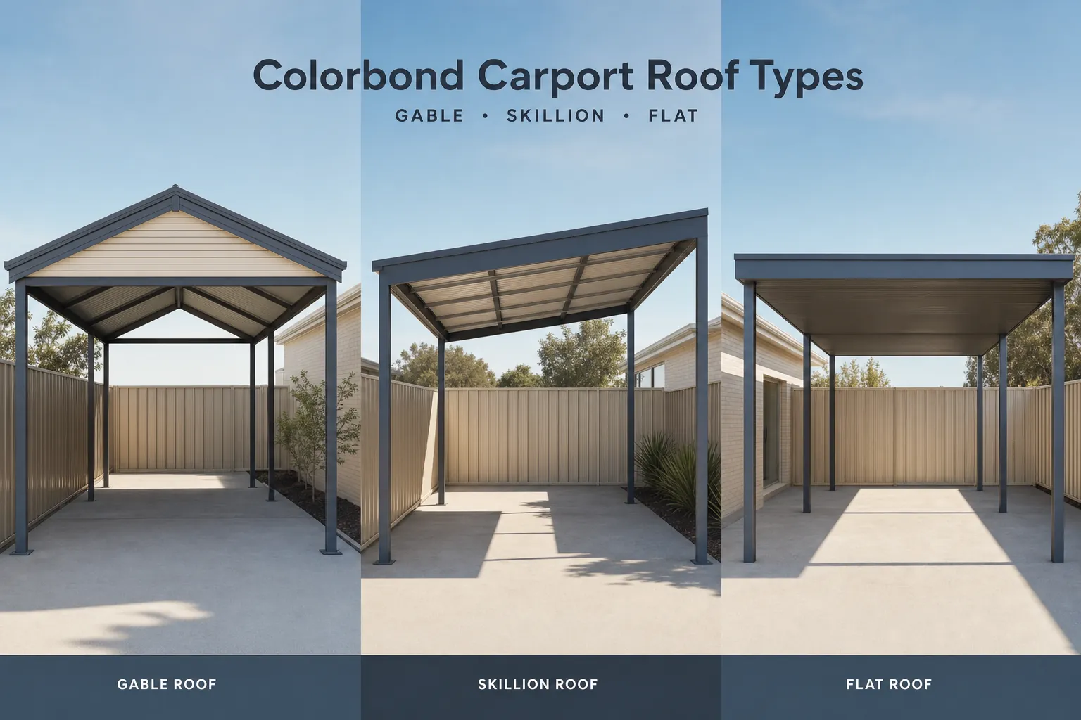 Carport roof types comparison: skillion, gable, flat, hip and Dutch gable